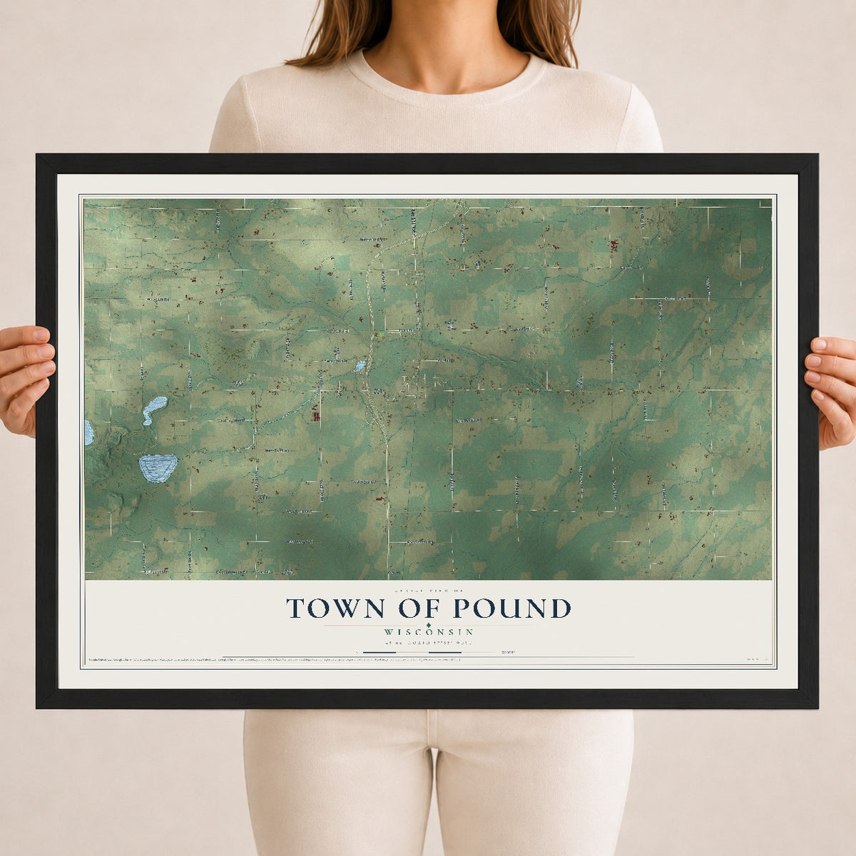 Map of the Town of Pound, Wisconsin, 18 x 24 inch print in a black wood frame