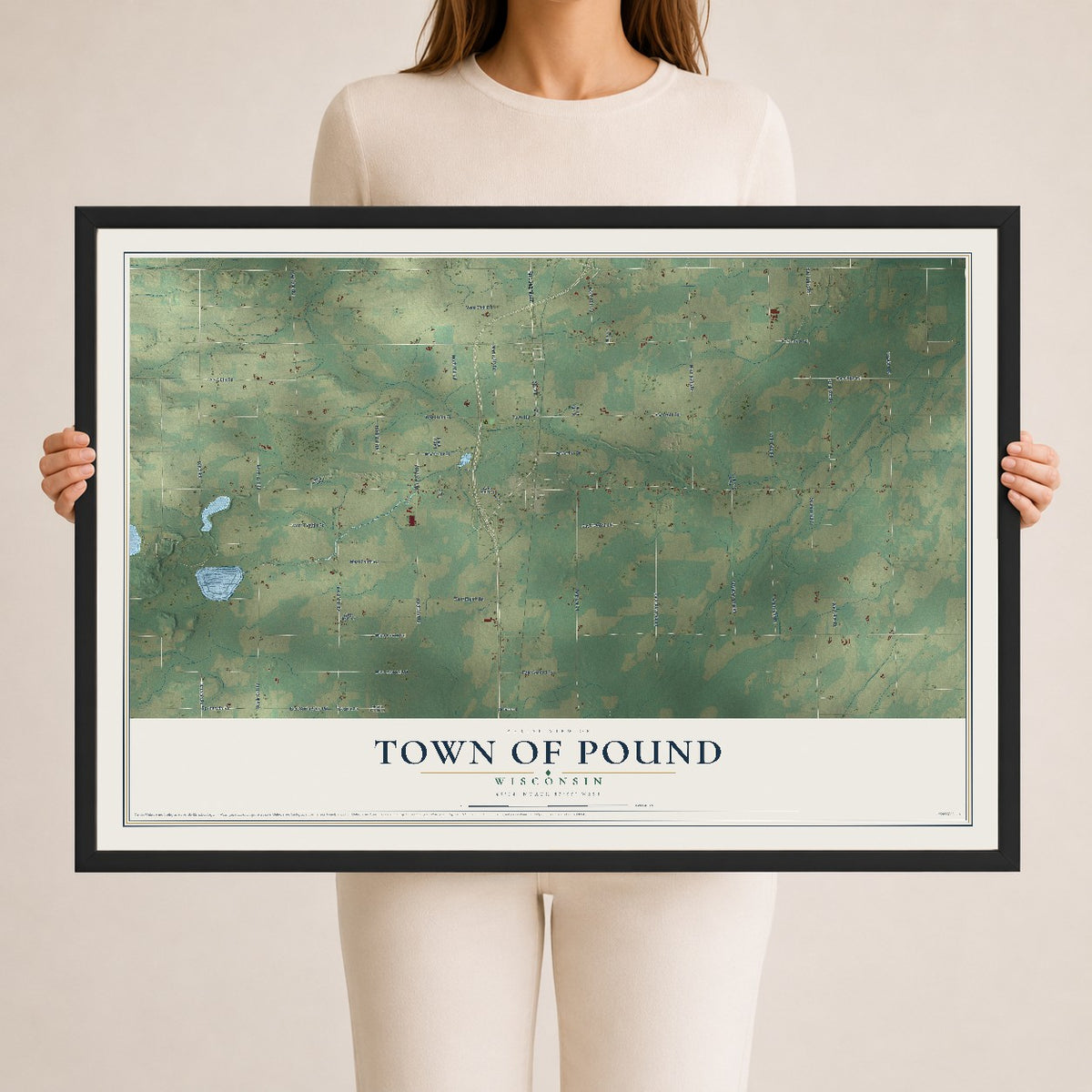 Map of the Town of Pound, Wisconsin, 24 x 36 inch print in a black wood frame