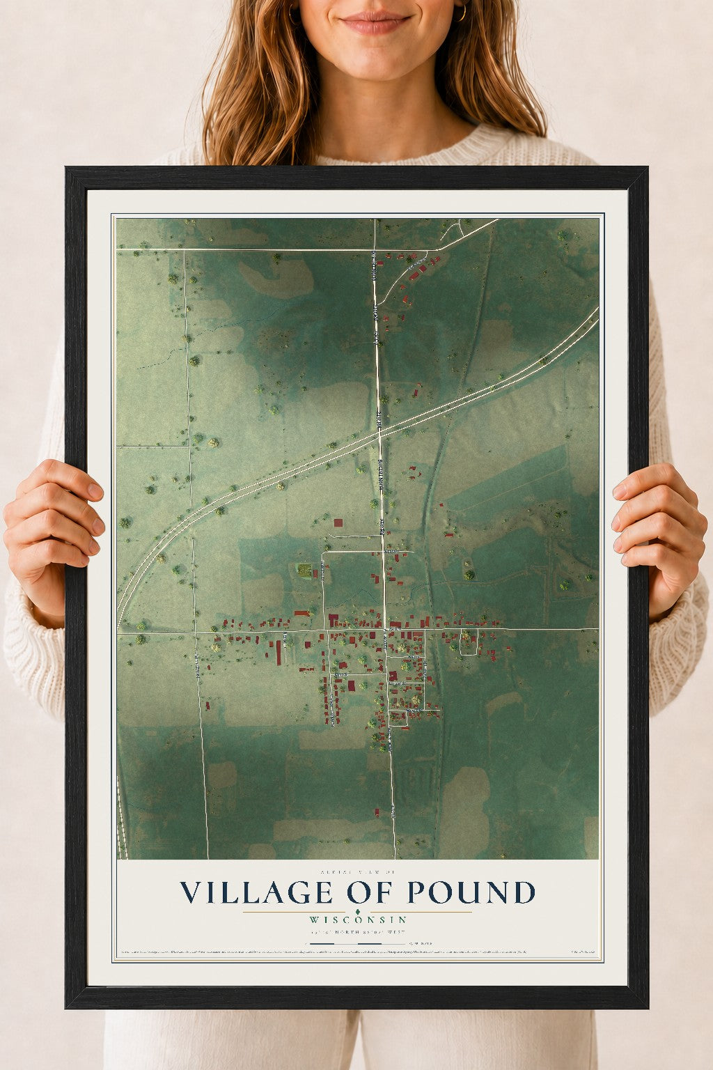 Map of Pound, Wisconsin, 18 x 24 inch print in a black wood frame