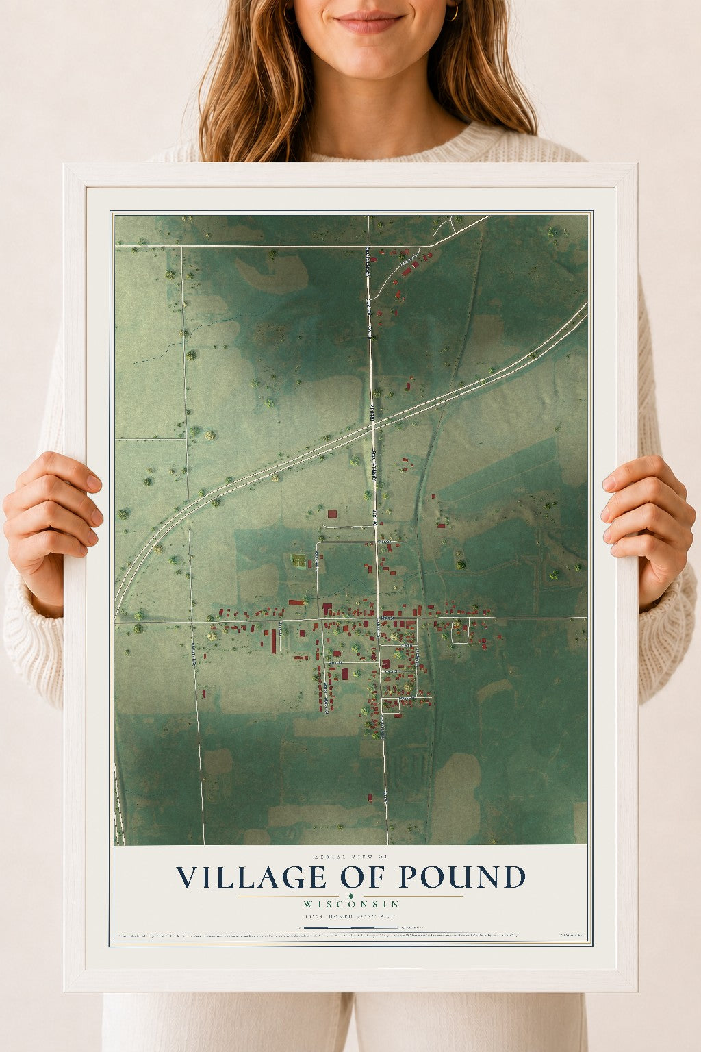 Map of Pound, Wisconsin, 18 x 24 inch print in a white wood frame