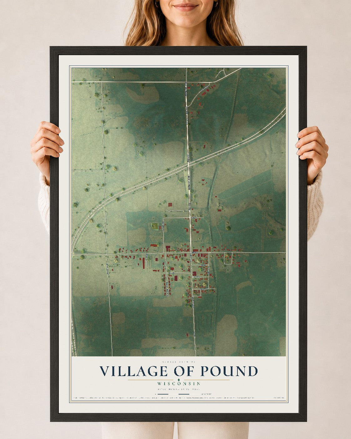 Map of Pound, Wisconsin, 24 x 36 inch print in a black wood frame