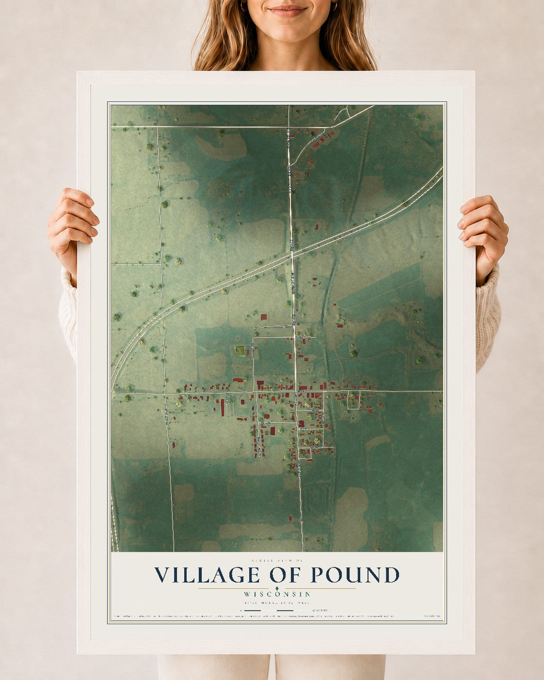 Map of Pound, Wisconsin, 24 x 36 inch print in a white wood frame
