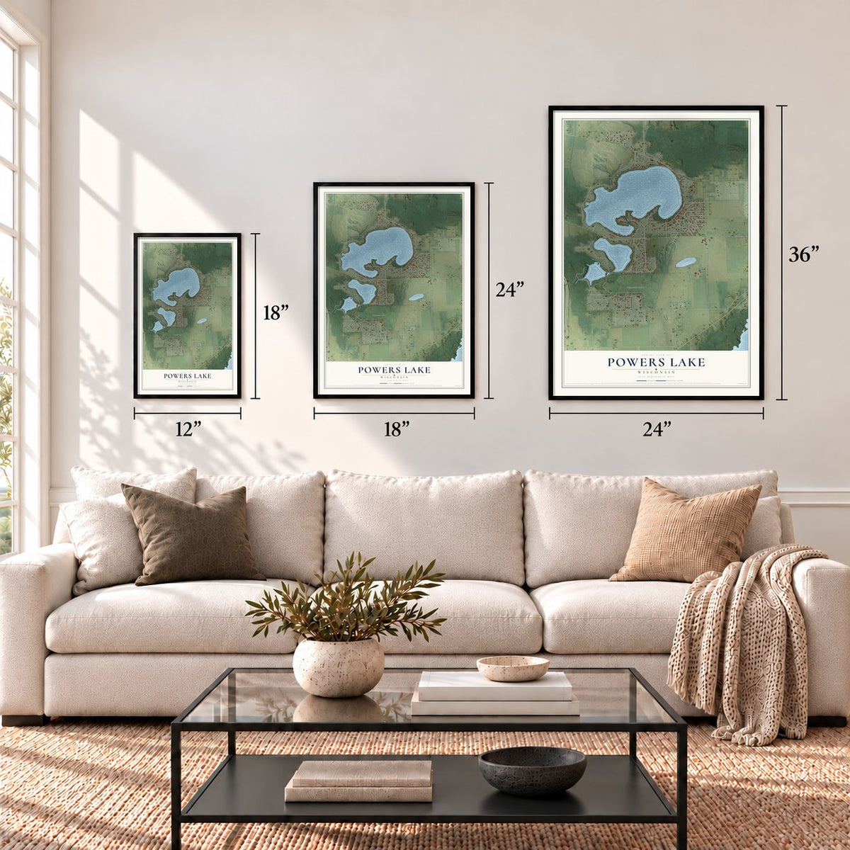 Powers Lake, Wisconsin map in 12 x 18, 18 x 24 and 24 x 36 inch sizes above a sofa