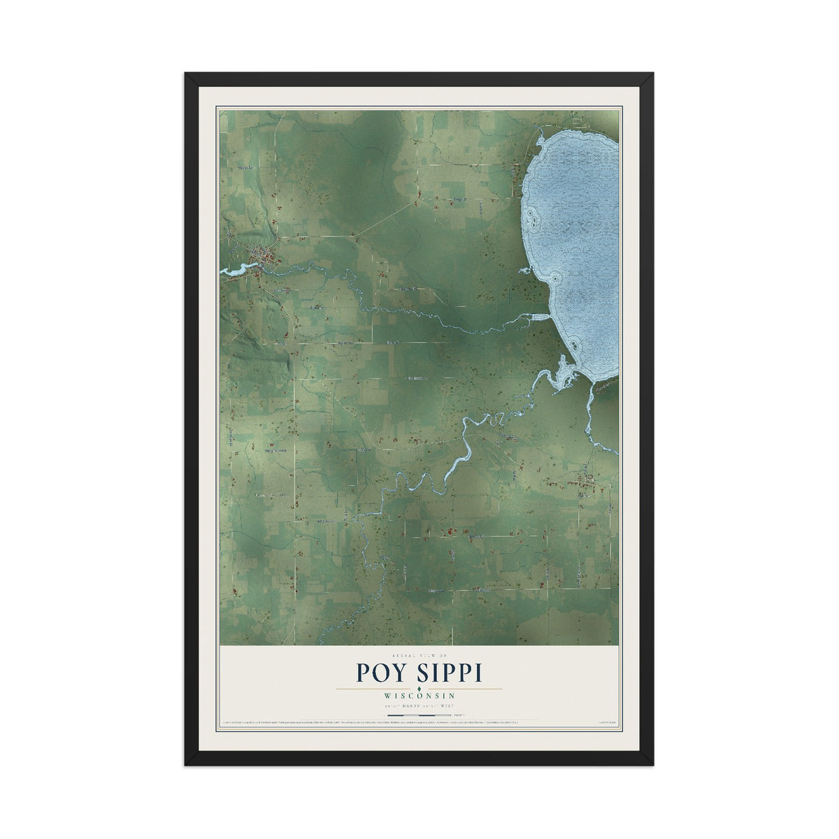 Map of Poy Sippi, Wisconsin, 12 x 18 inch print in a black wood frame