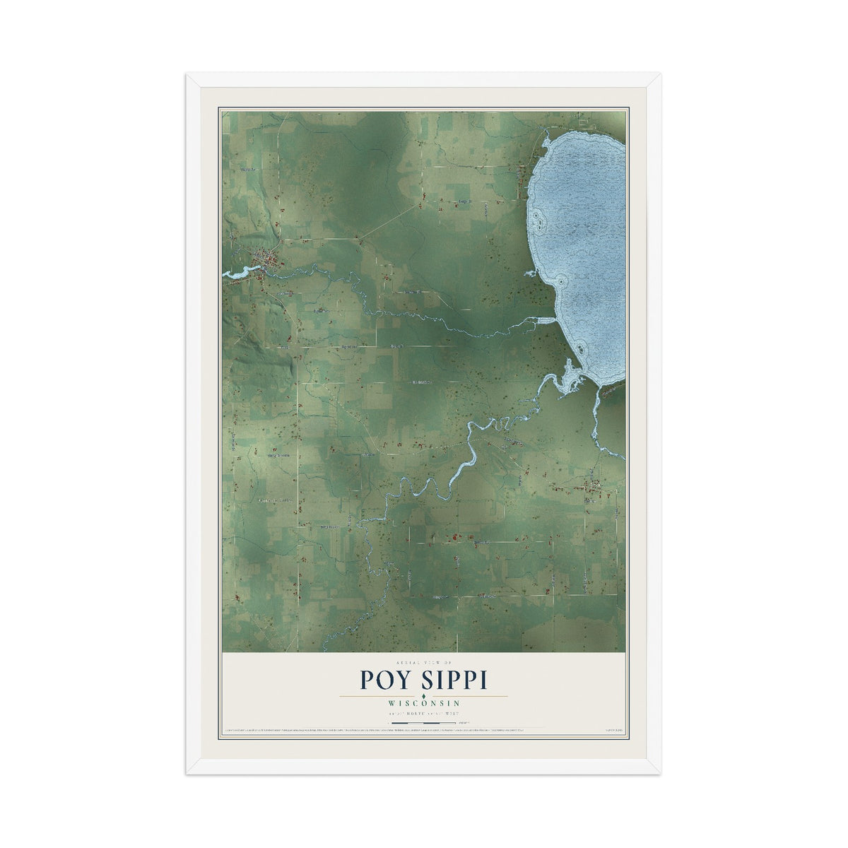 Map of Poy Sippi, Wisconsin, 12 x 18 inch print in a white wood frame