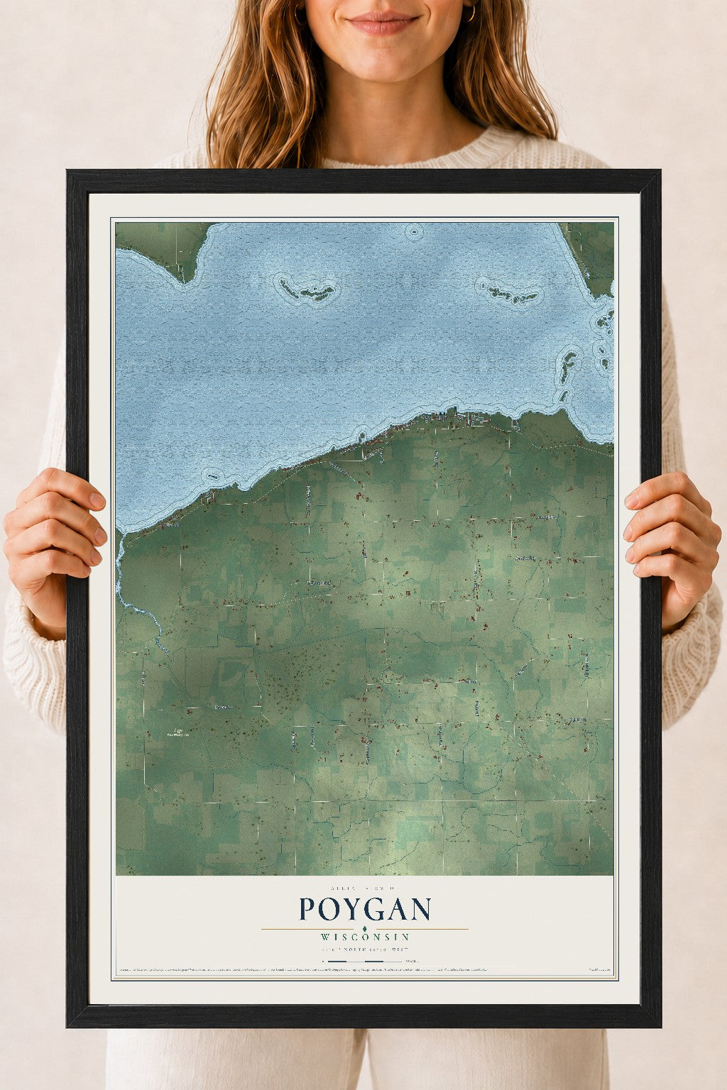 Map of Poygan, Wisconsin, 18 x 24 inch print in a black wood frame