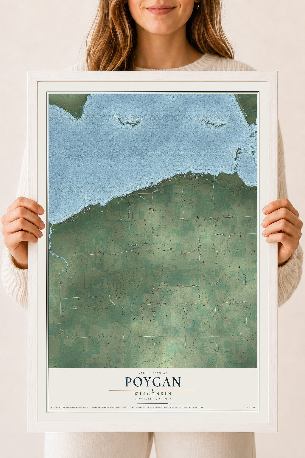 Map of Poygan, Wisconsin, 18 x 24 inch print in a white wood frame