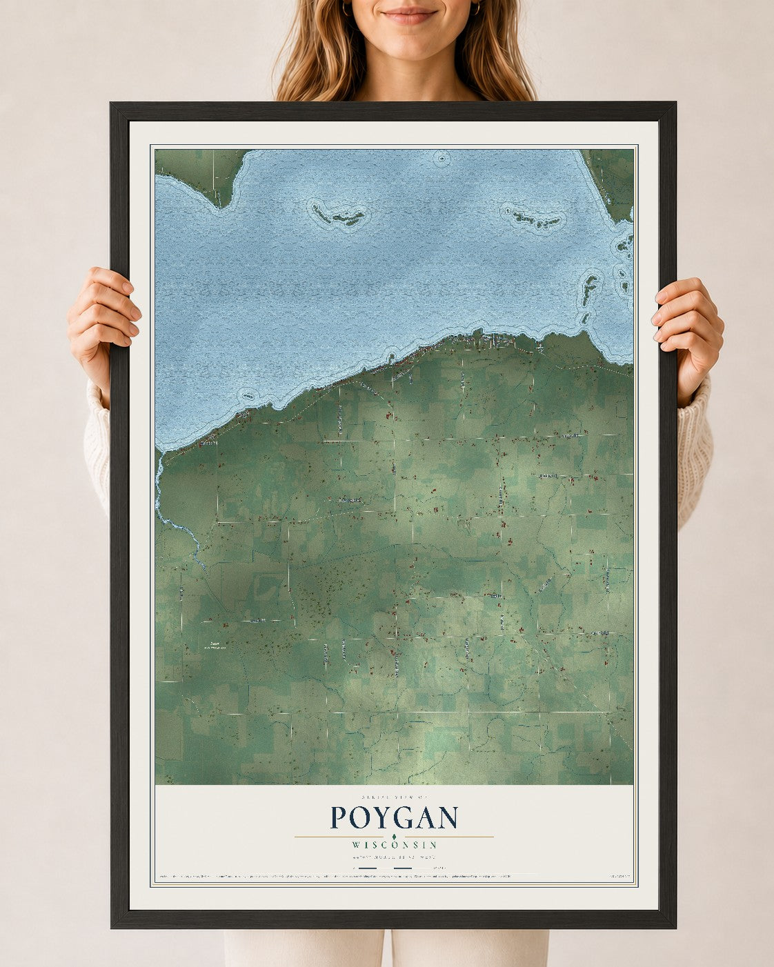 Map of Poygan, Wisconsin, 24 x 36 inch print in a black wood frame