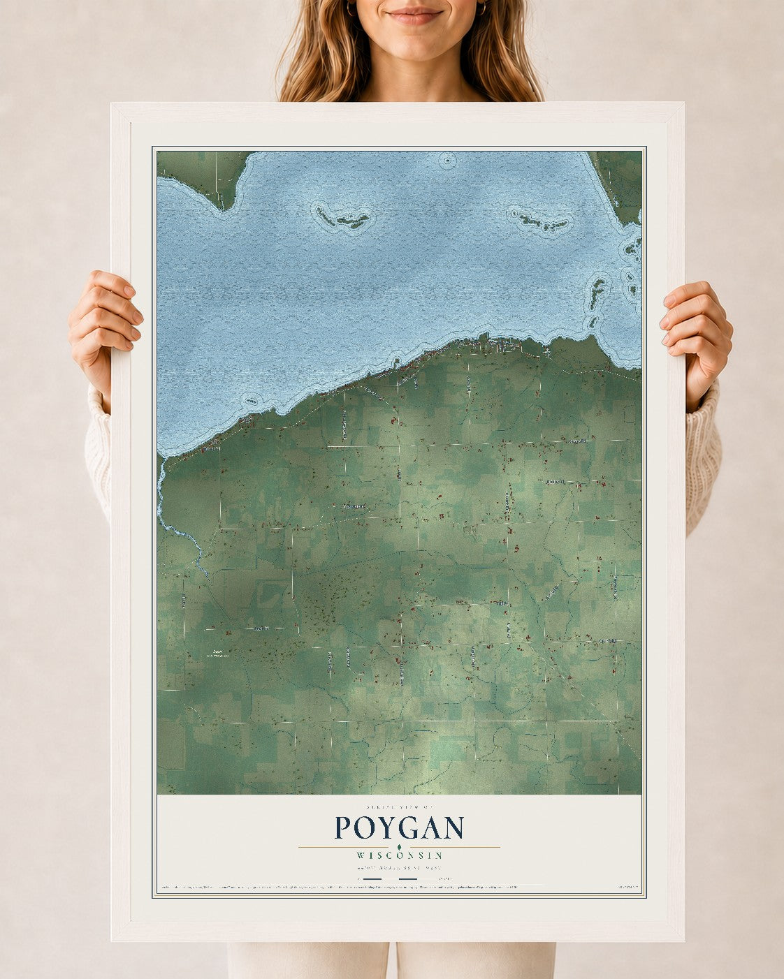 Map of Poygan, Wisconsin, 24 x 36 inch print in a white wood frame