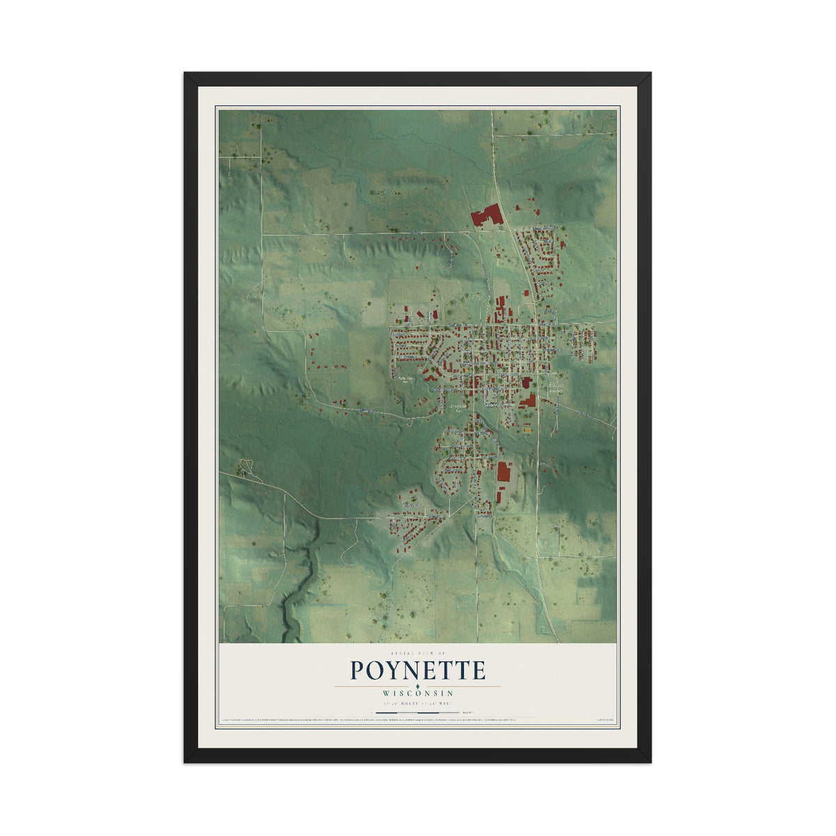 Map of Poynette, Wisconsin, 12 x 18 inch print in a black wood frame