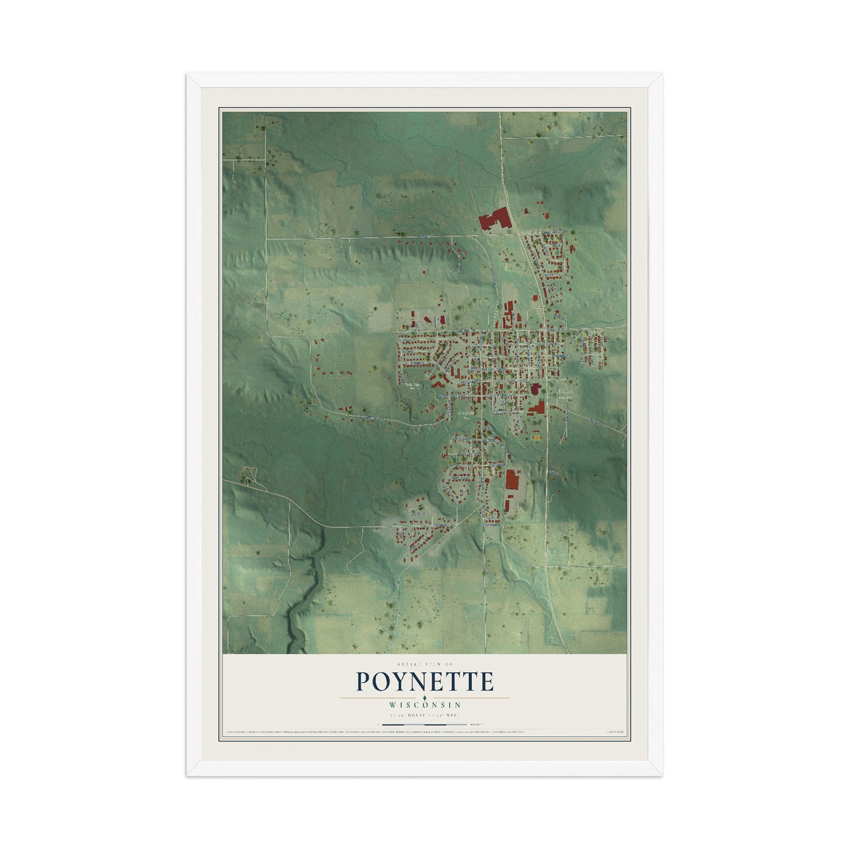 Map of Poynette, Wisconsin, 12 x 18 inch print in a white wood frame