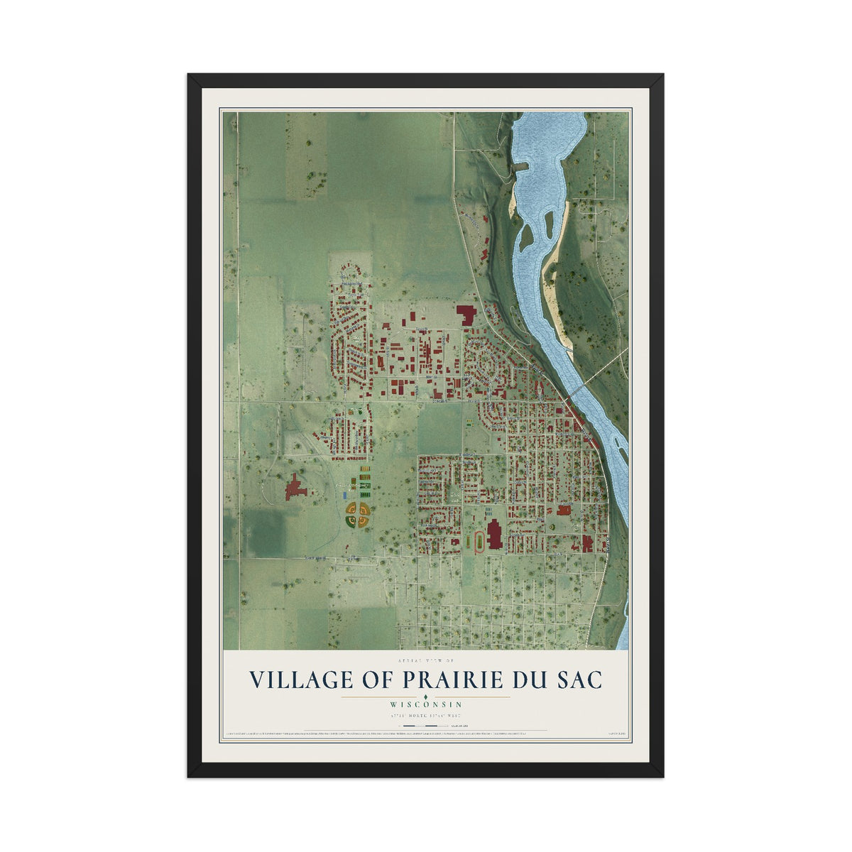 Map of Prairie du Sac, Wisconsin, 12 x 18 inch print in a black wood frame