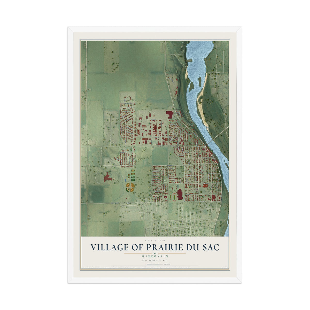 Map of Prairie du Sac, Wisconsin, 12 x 18 inch print in a white wood frame