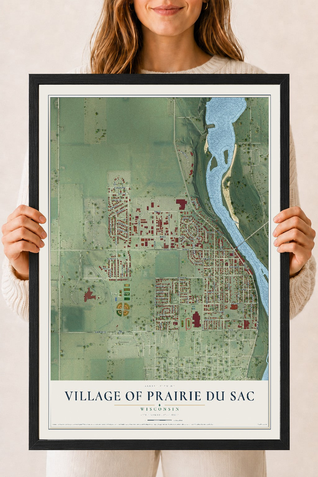 Map of Prairie du Sac, Wisconsin, 18 x 24 inch print in a black wood frame