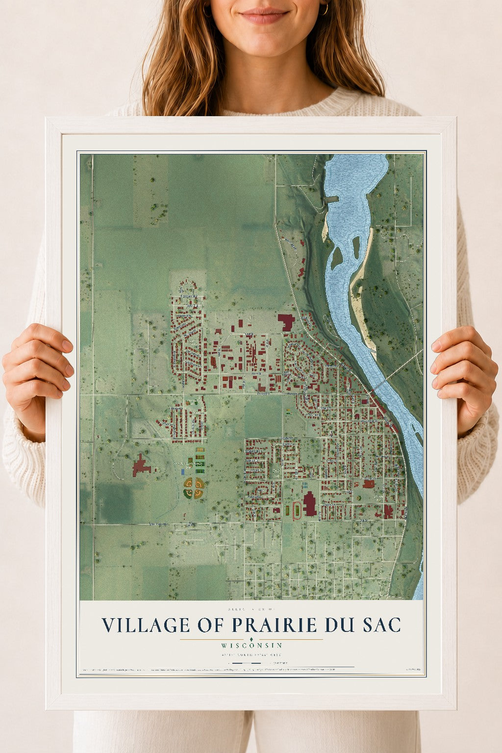 Map of Prairie du Sac, Wisconsin, 18 x 24 inch print in a white wood frame