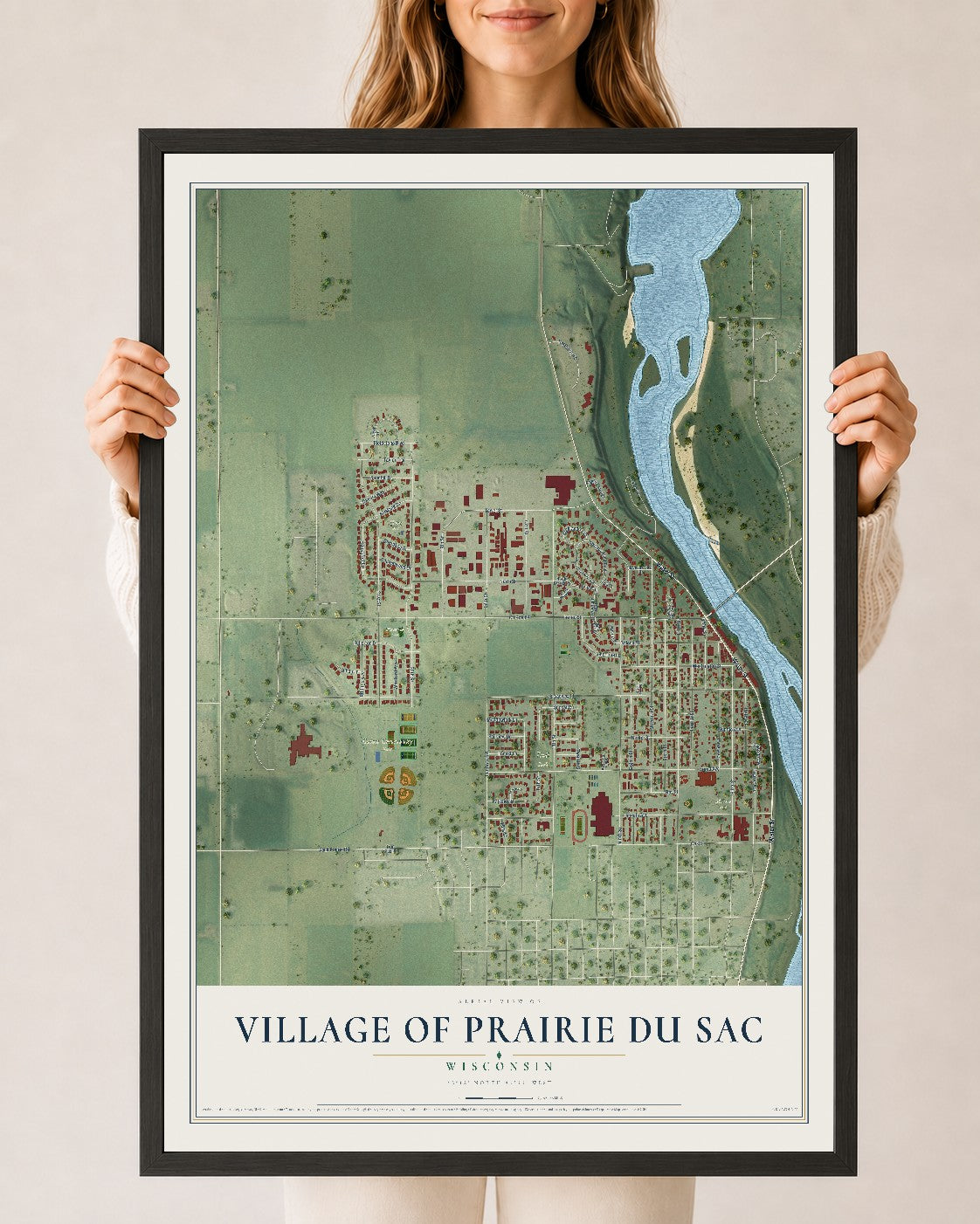 Map of Prairie du Sac, Wisconsin, 24 x 36 inch print in a black wood frame