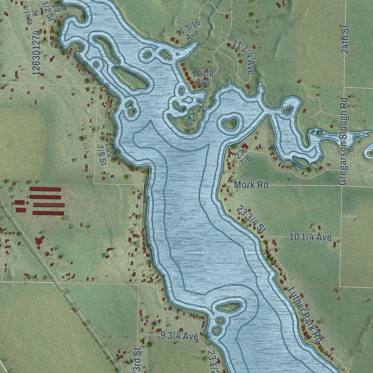 Close-up of the map of Prairie Lake, Wisconsin print showing street and building detail