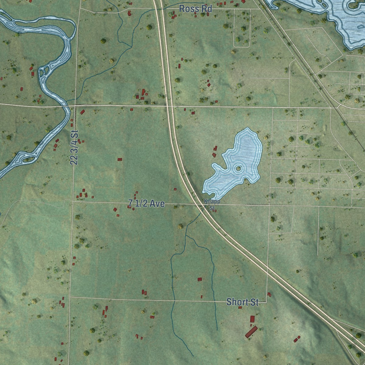 Second close-up of the map of Prairie Lake, Wisconsin print showing more streets and buildings