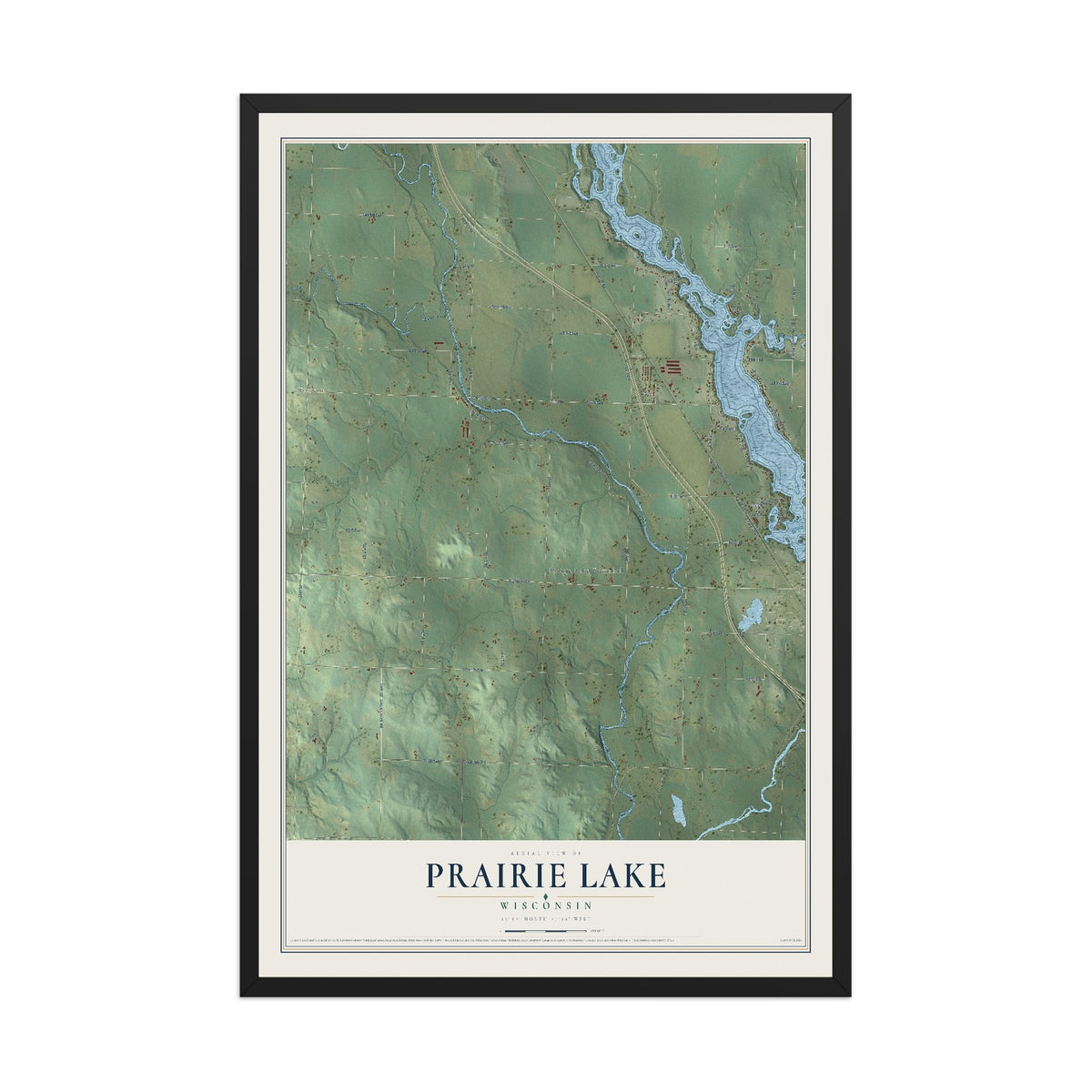 Map of Prairie Lake, Wisconsin, 12 x 18 inch print in a black wood frame