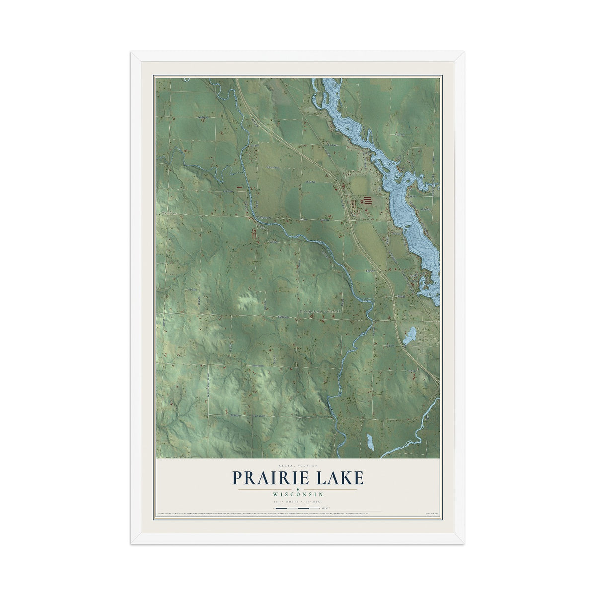 Map of Prairie Lake, Wisconsin, 12 x 18 inch print in a white wood frame