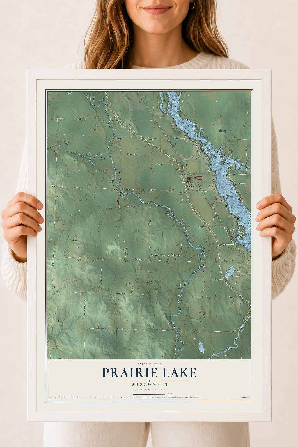 Map of Prairie Lake, Wisconsin, 18 x 24 inch print in a white wood frame