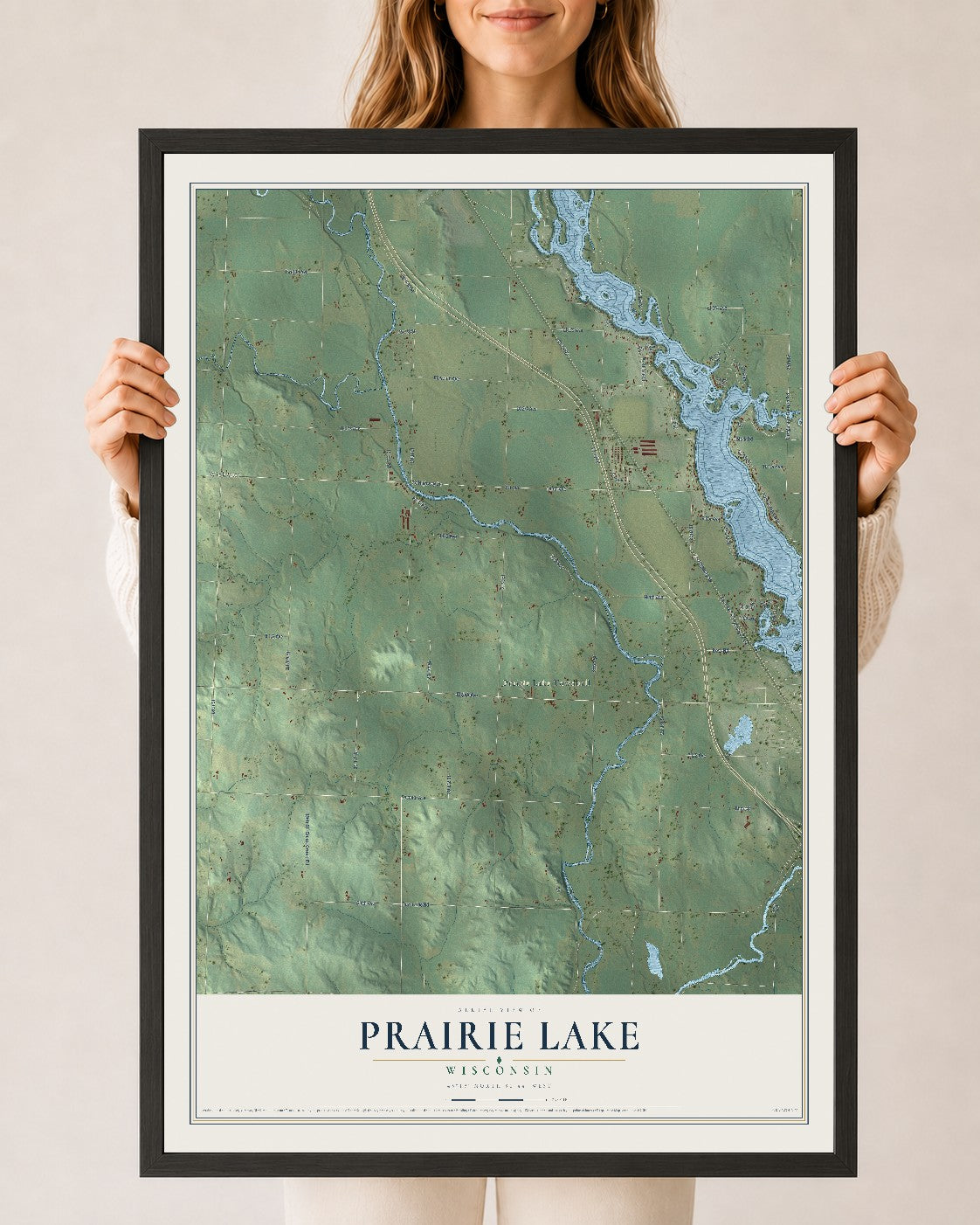 Map of Prairie Lake, Wisconsin, 24 x 36 inch print in a black wood frame