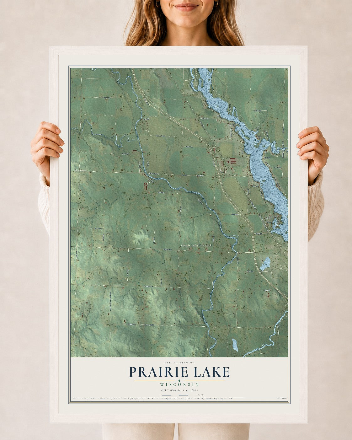 Map of Prairie Lake, Wisconsin, 24 x 36 inch print in a white wood frame