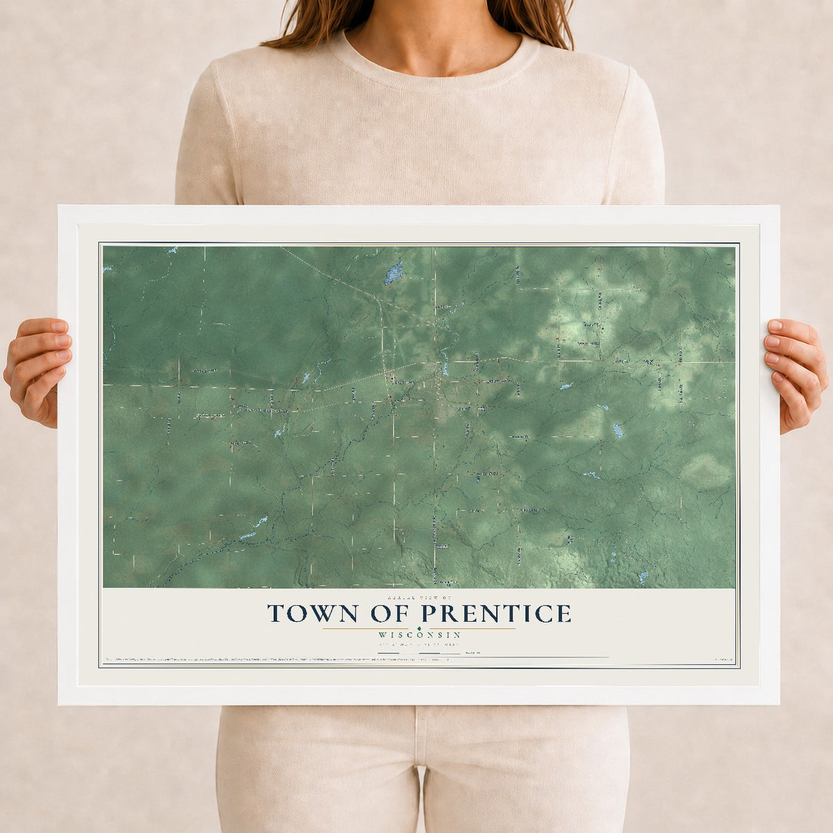 Map of the Town of Prentice, Wisconsin, 12 x 18 inch print in a white wood frame
