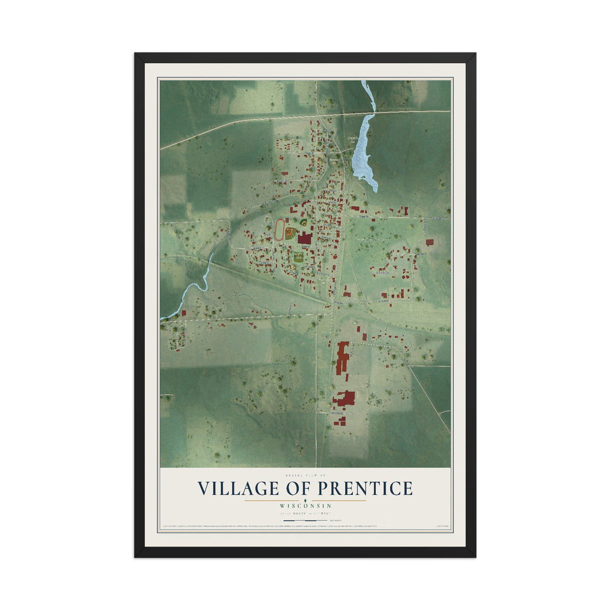 Map of Prentice, Wisconsin, 12 x 18 inch print in a black wood frame