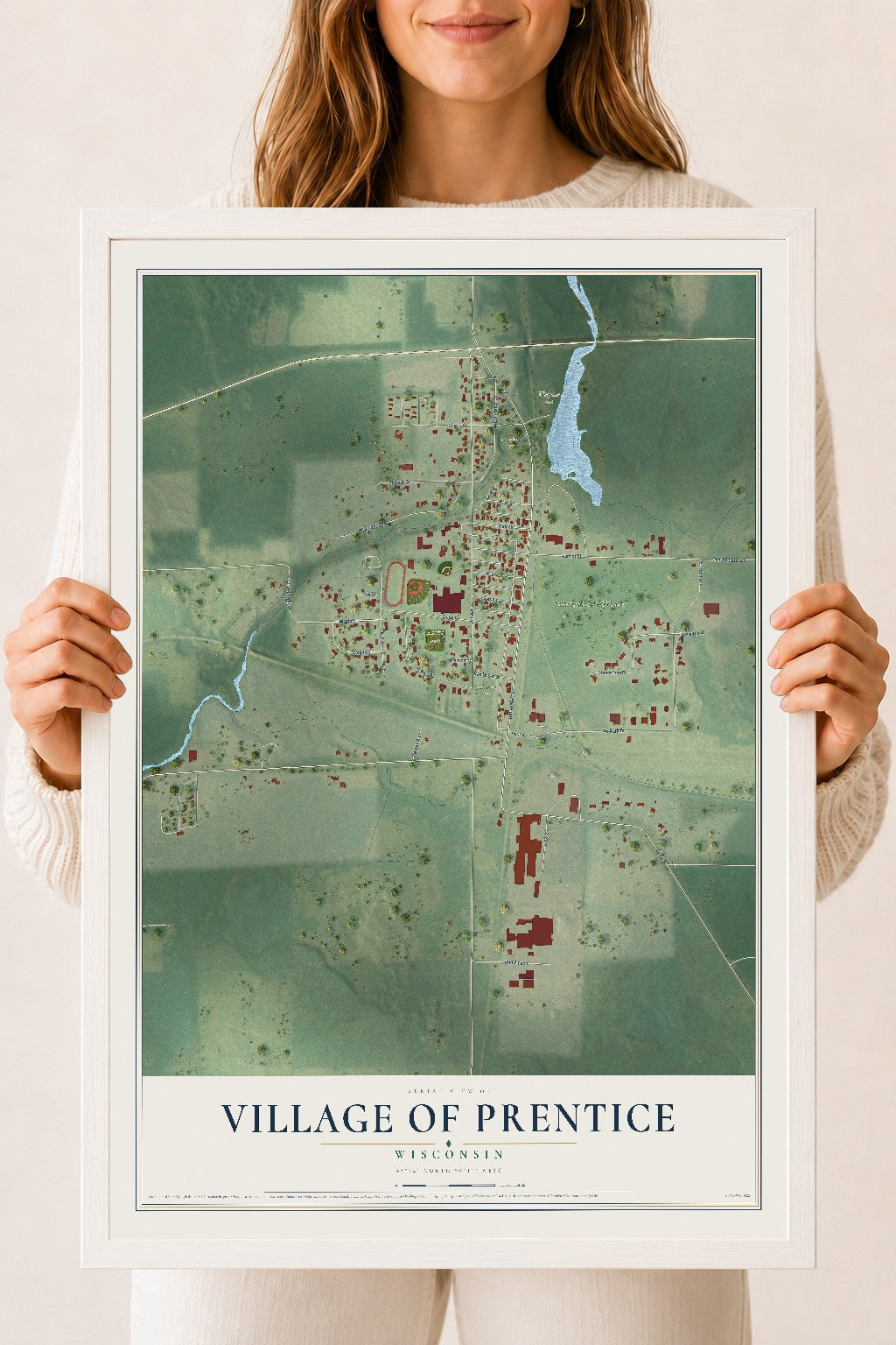 Map of Prentice, Wisconsin, 18 x 24 inch print in a white wood frame