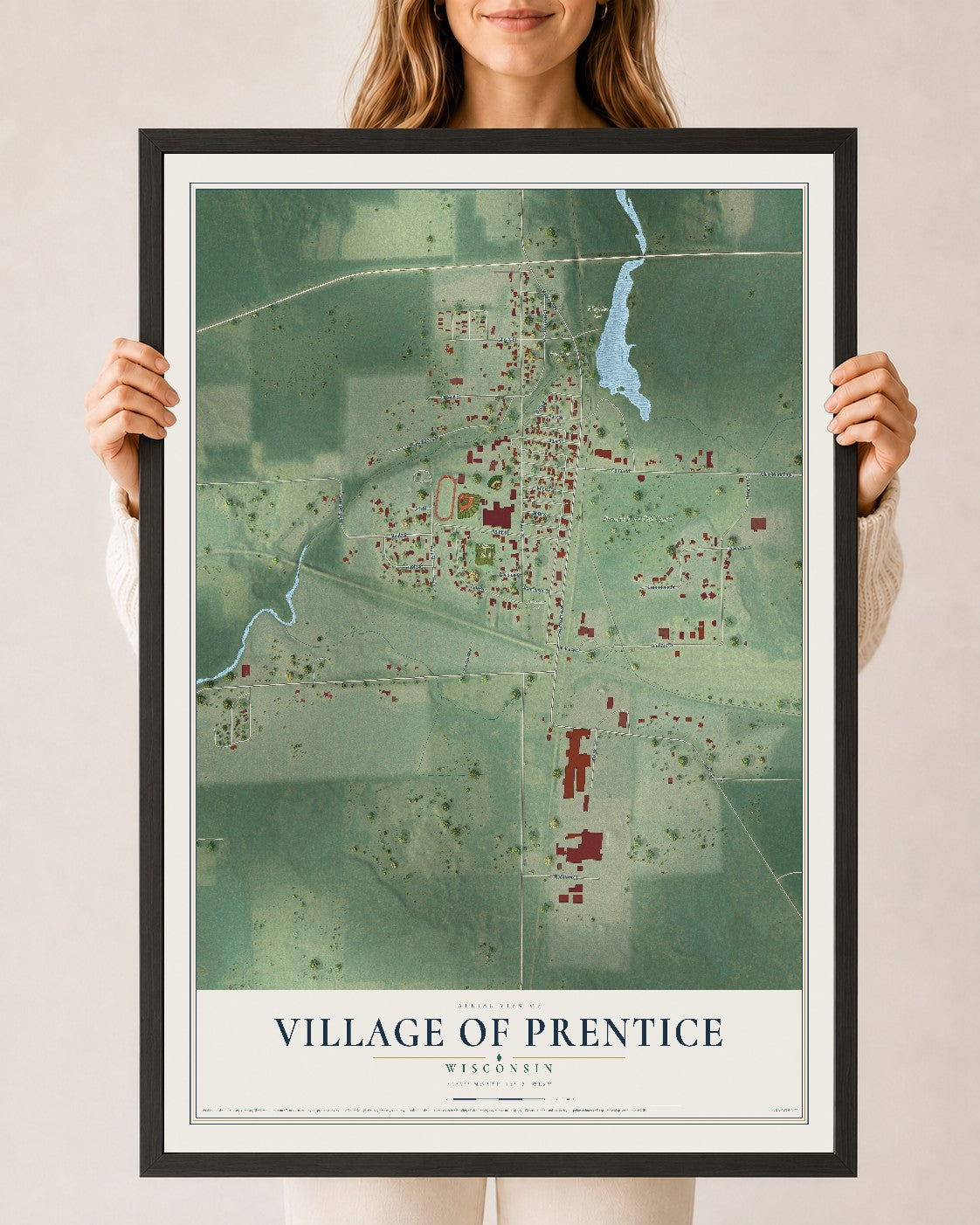 Map of Prentice, Wisconsin, 24 x 36 inch print in a black wood frame