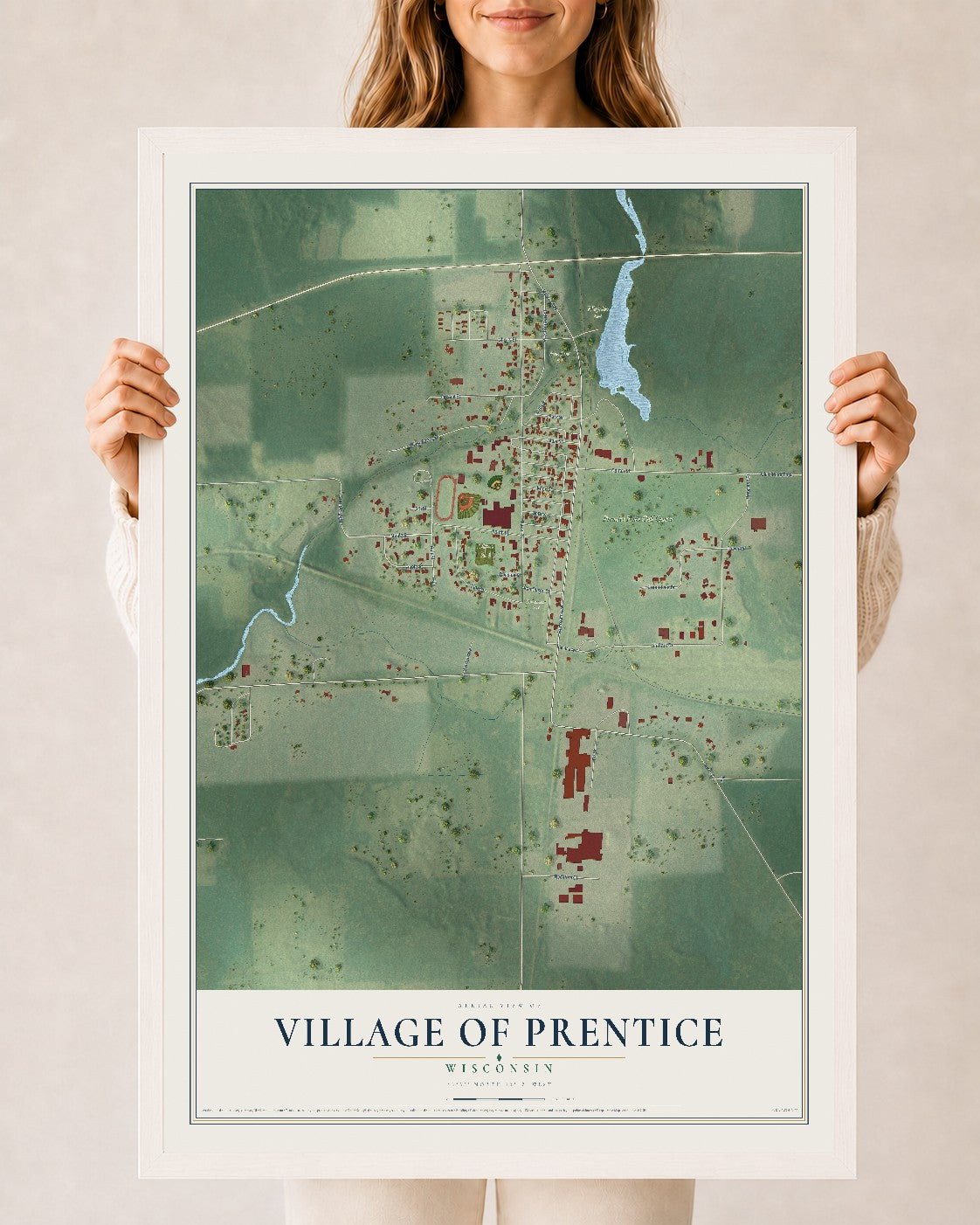Map of Prentice, Wisconsin, 24 x 36 inch print in a white wood frame