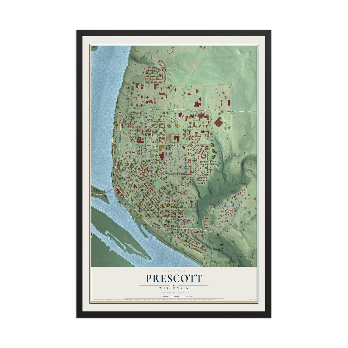 Map of Prescott, Wisconsin, 12 x 18 inch print in a black wood frame