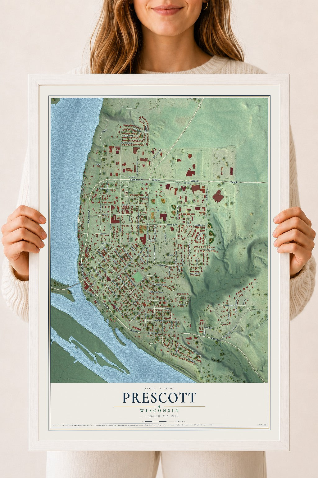 Map of Prescott, Wisconsin, 18 x 24 inch print in a white wood frame