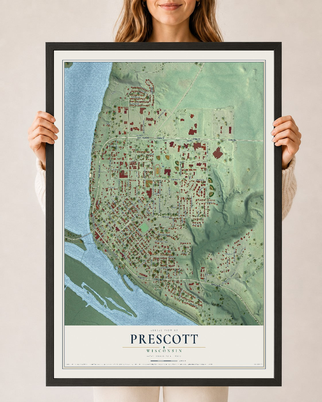 Map of Prescott, Wisconsin, 24 x 36 inch print in a black wood frame