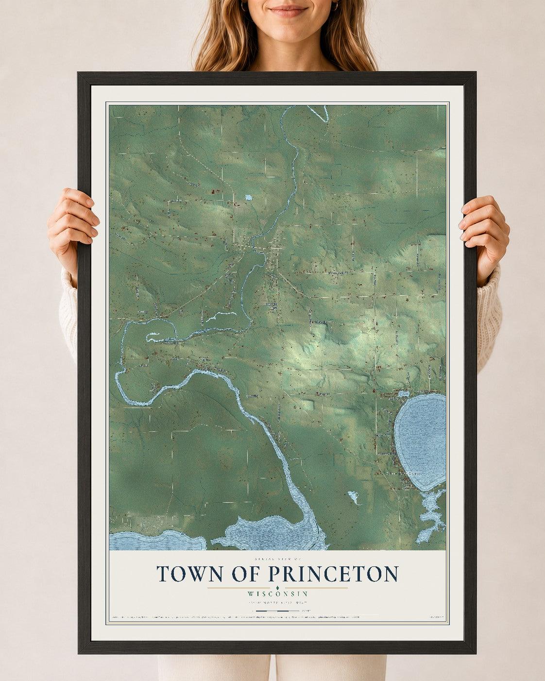 Map of the Town of Princeton, Wisconsin, 24 x 36 inch print in a black wood frame