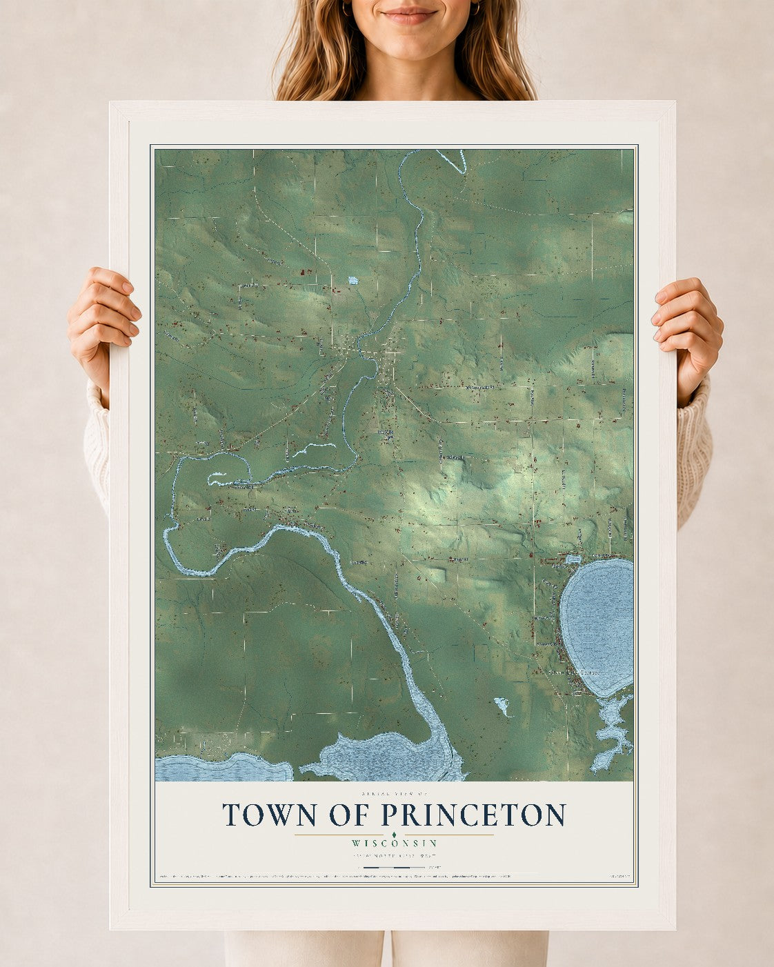 Map of the Town of Princeton, Wisconsin, 24 x 36 inch print in a white wood frame