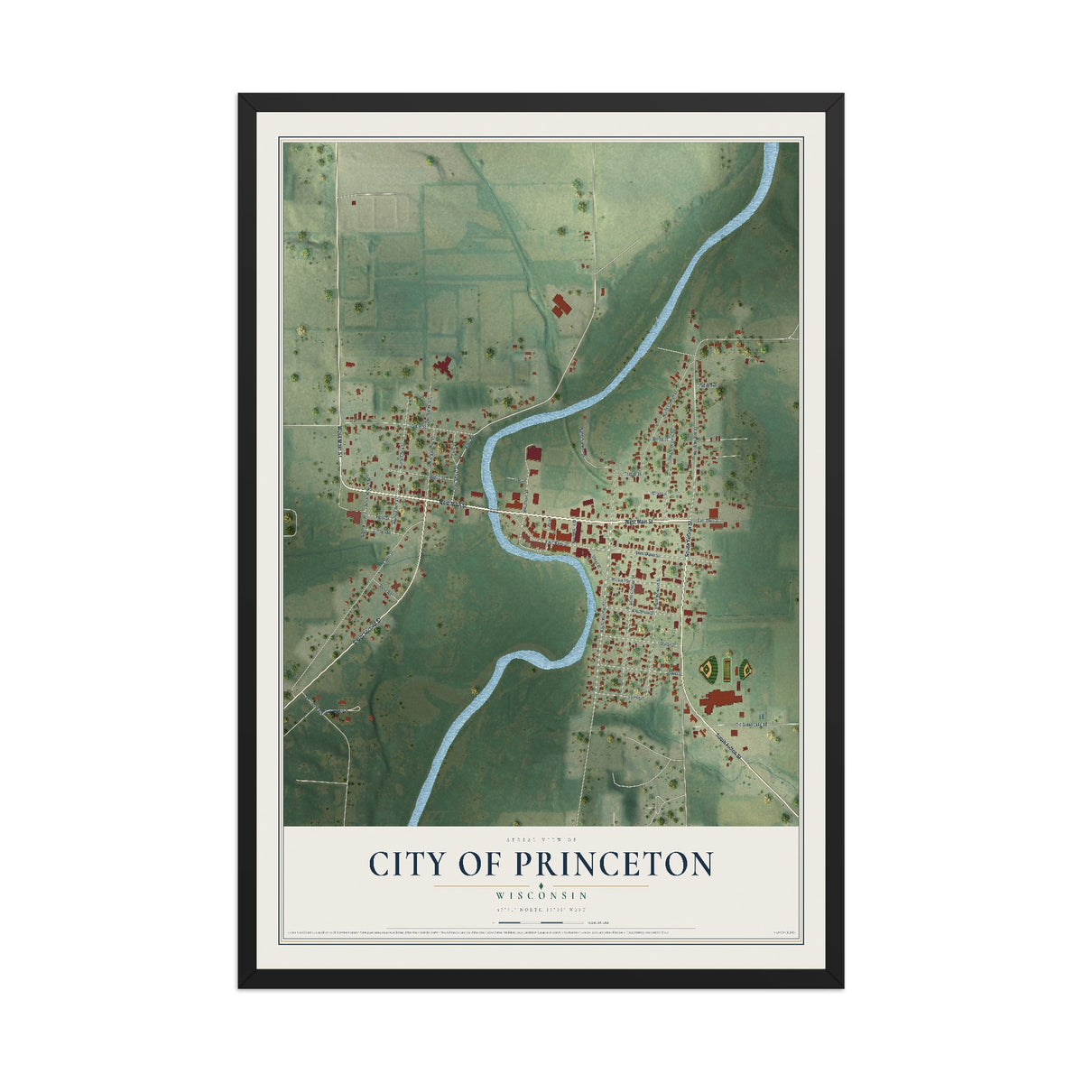 Map of Princeton, Wisconsin, 12 x 18 inch print in a black wood frame