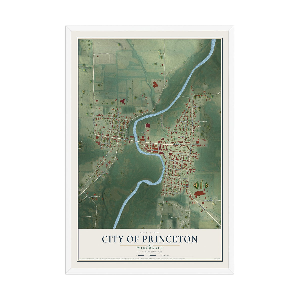 Map of Princeton, Wisconsin, 12 x 18 inch print in a white wood frame