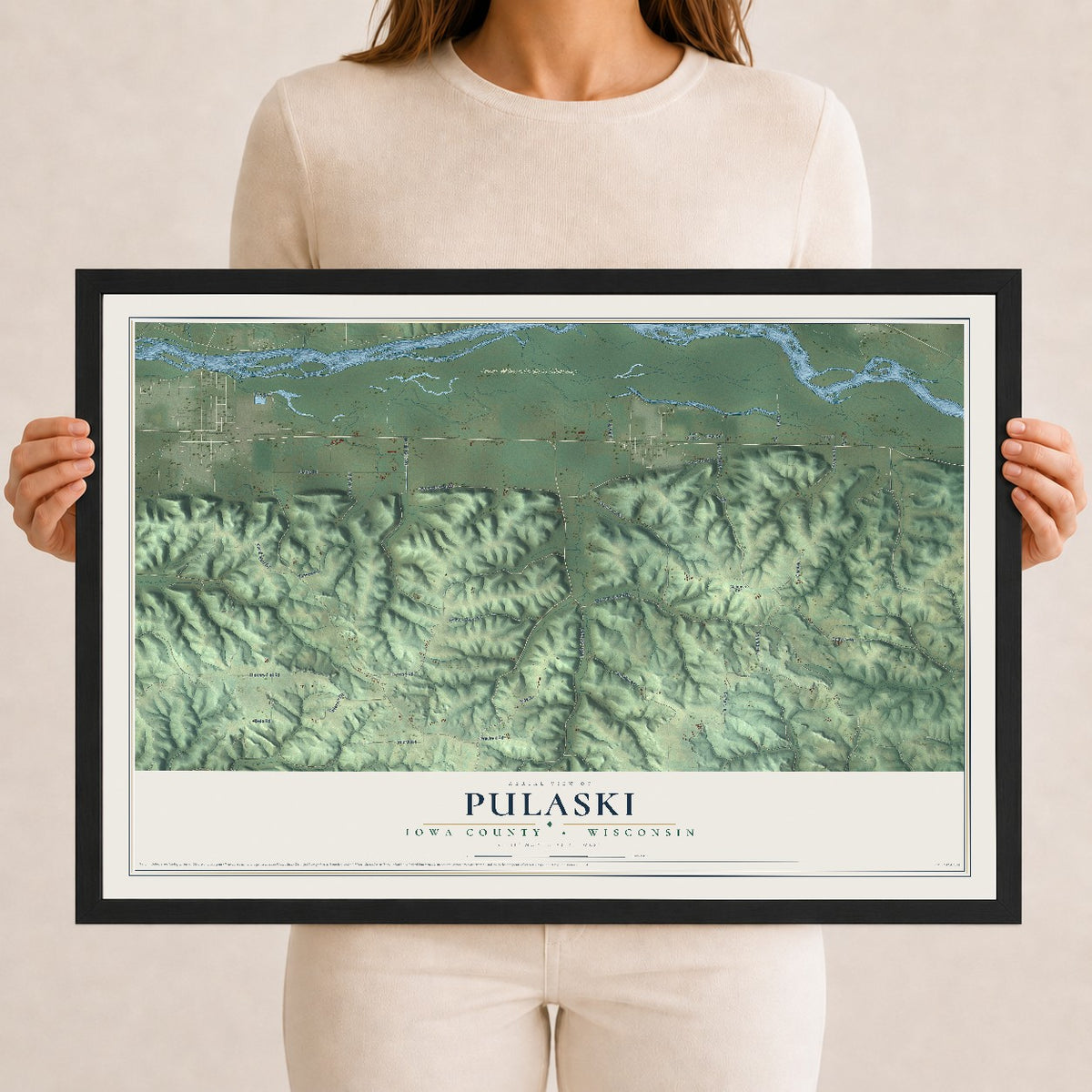 Map of Pulaski, Iowa County, Wisconsin, 12 x 18 inch print in a black wood frame