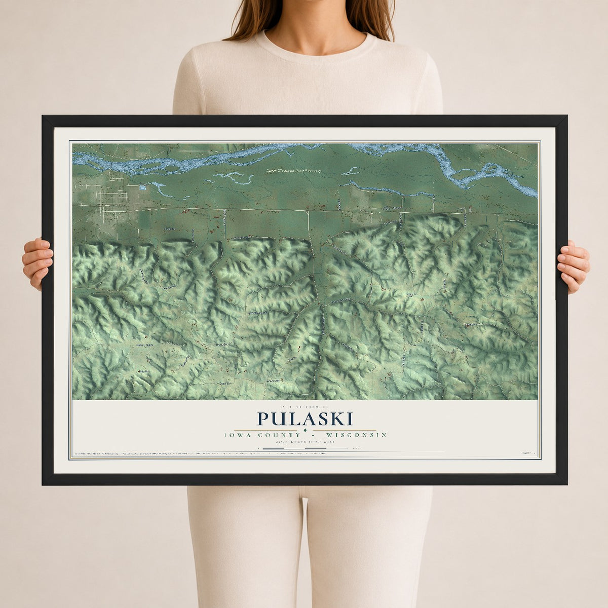 Map of Pulaski, Iowa County, Wisconsin, 24 x 36 inch print in a black wood frame