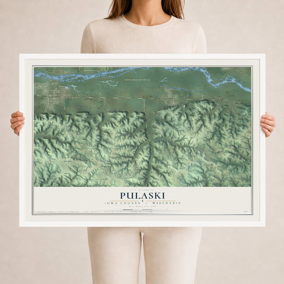 Map of Pulaski, Iowa County, Wisconsin, 24 x 36 inch print in a white wood frame