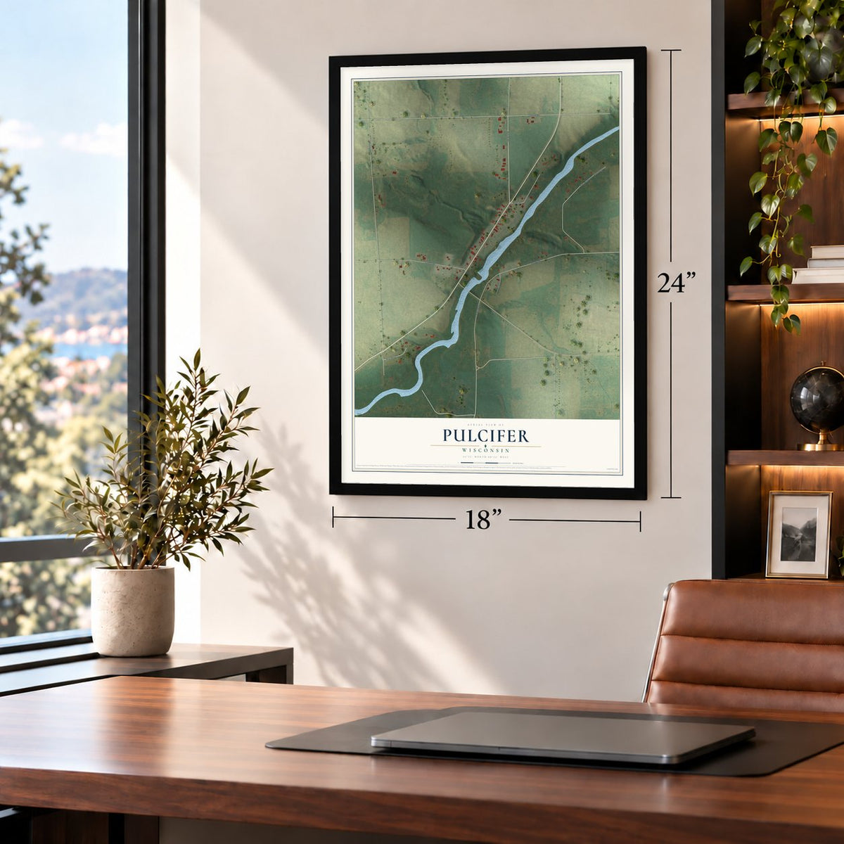 Pulcifer, Wisconsin map, 18 x 24 inch print in a black frame in a home office