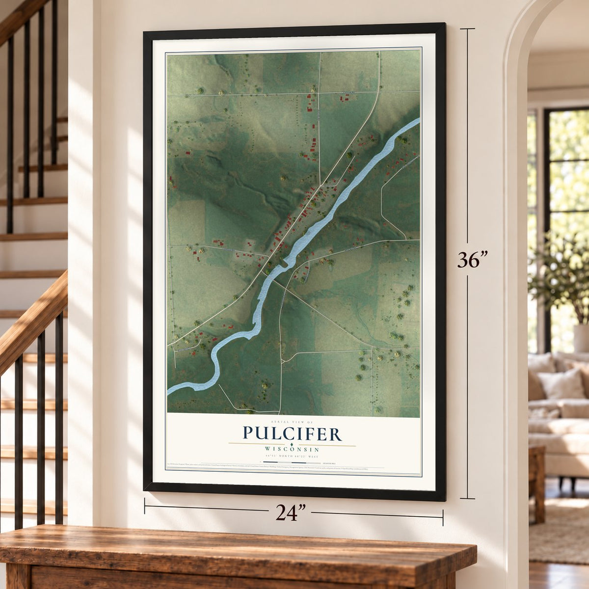 Pulcifer, Wisconsin map, 24 x 36 inch print in a black frame by a staircase