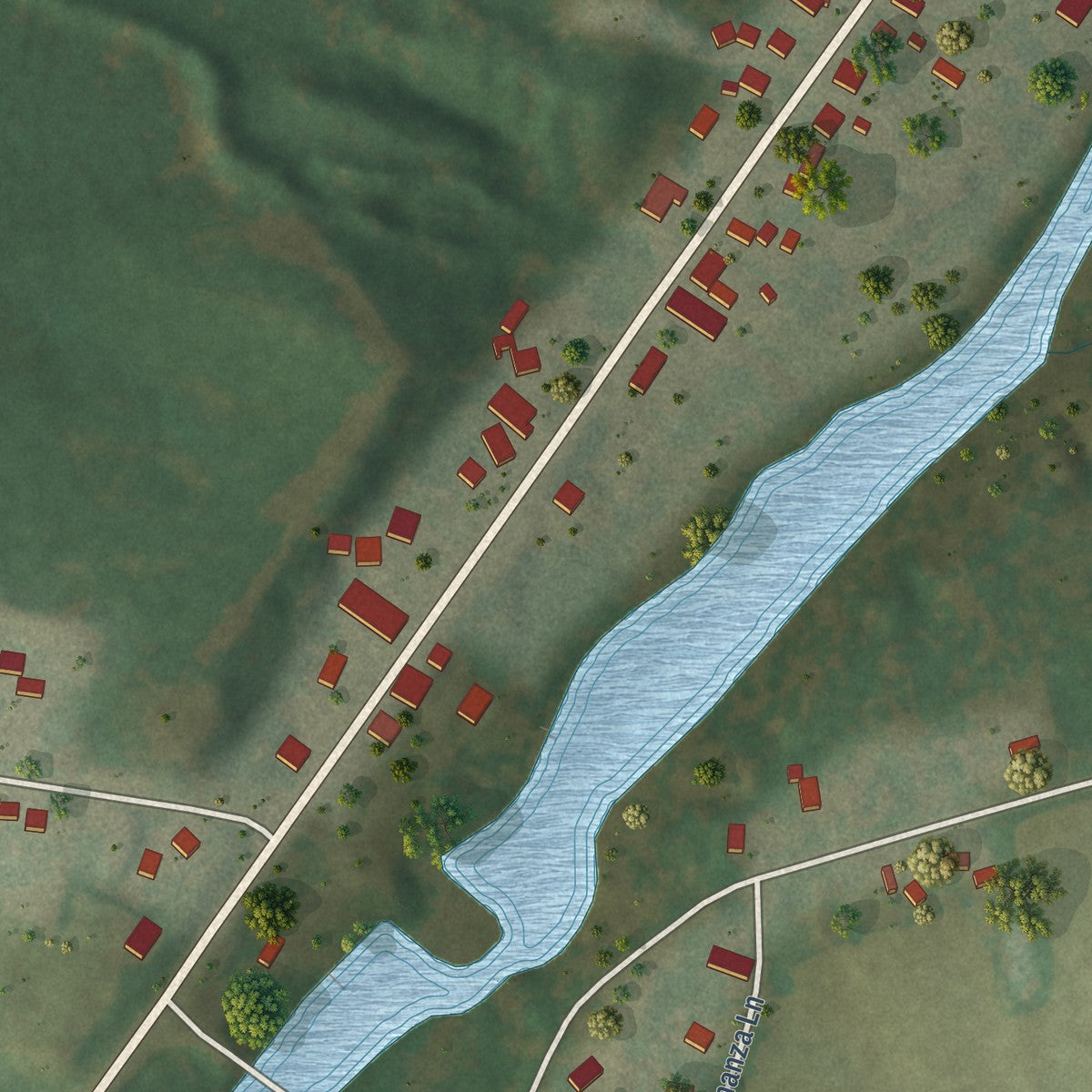 Close-up of the map of Pulcifer, Wisconsin print showing street and building detail