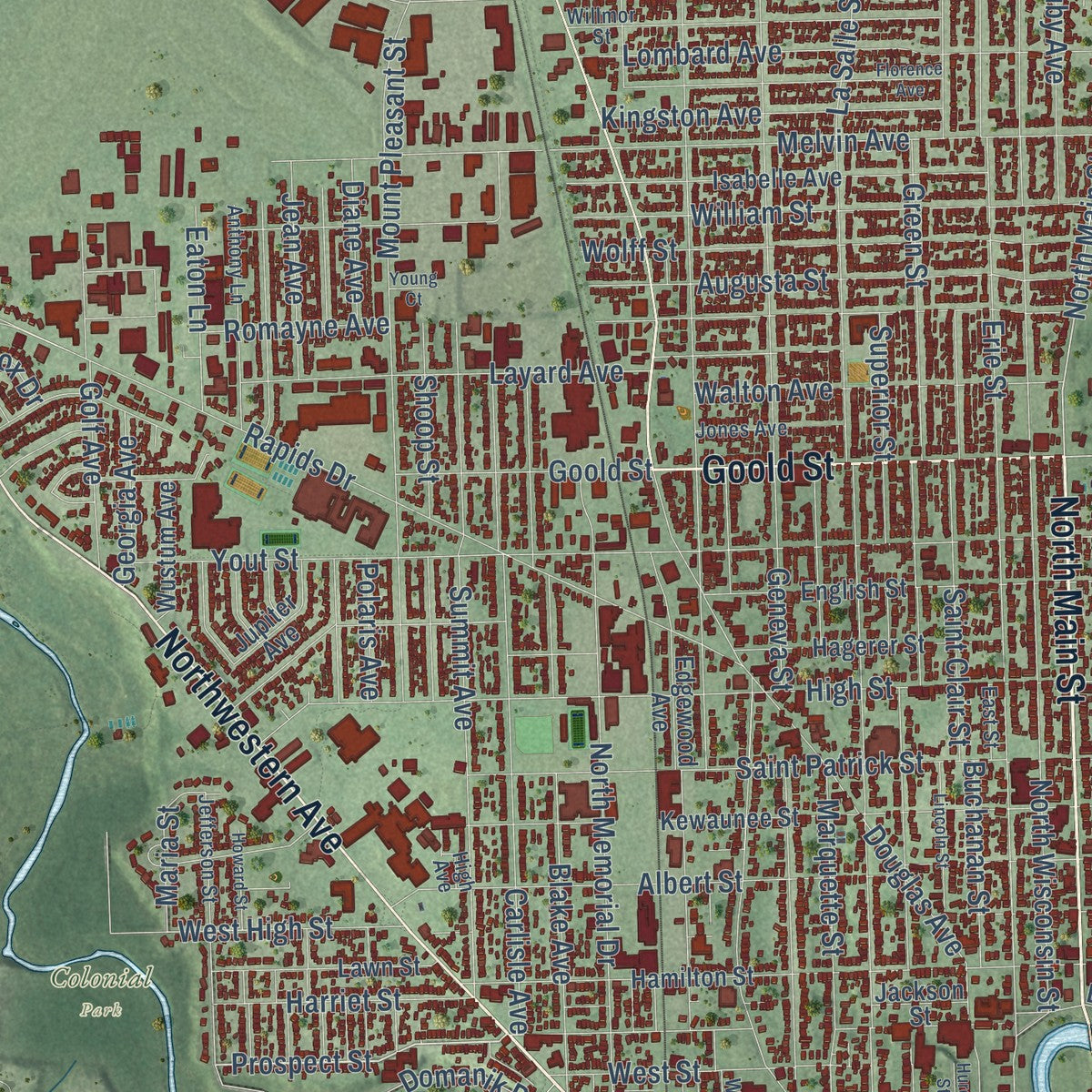 Second close-up of the map of Racine, Wisconsin print showing more streets and buildings