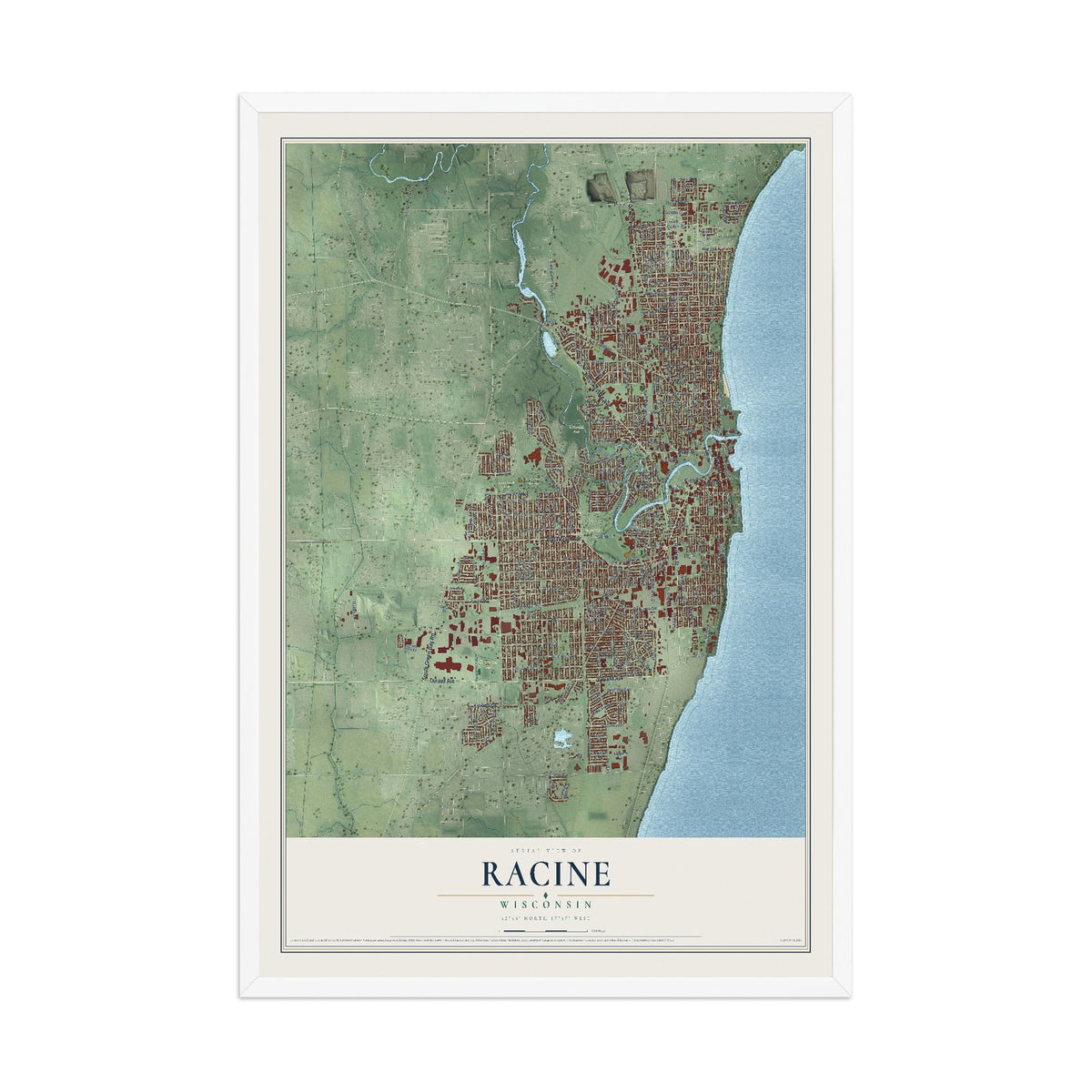 Map of Racine, Wisconsin, 12 x 18 inch print in a white wood frame