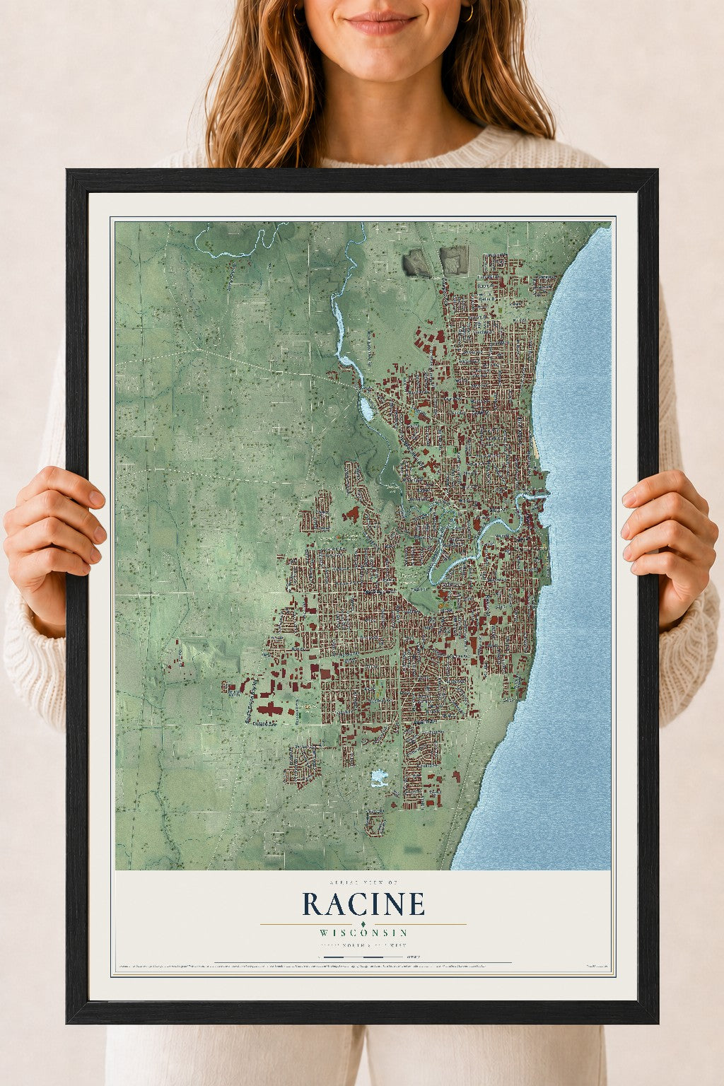 Map of Racine, Wisconsin, 18 x 24 inch print in a black wood frame