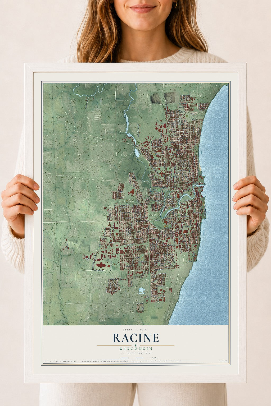 Map of Racine, Wisconsin, 18 x 24 inch print in a white wood frame