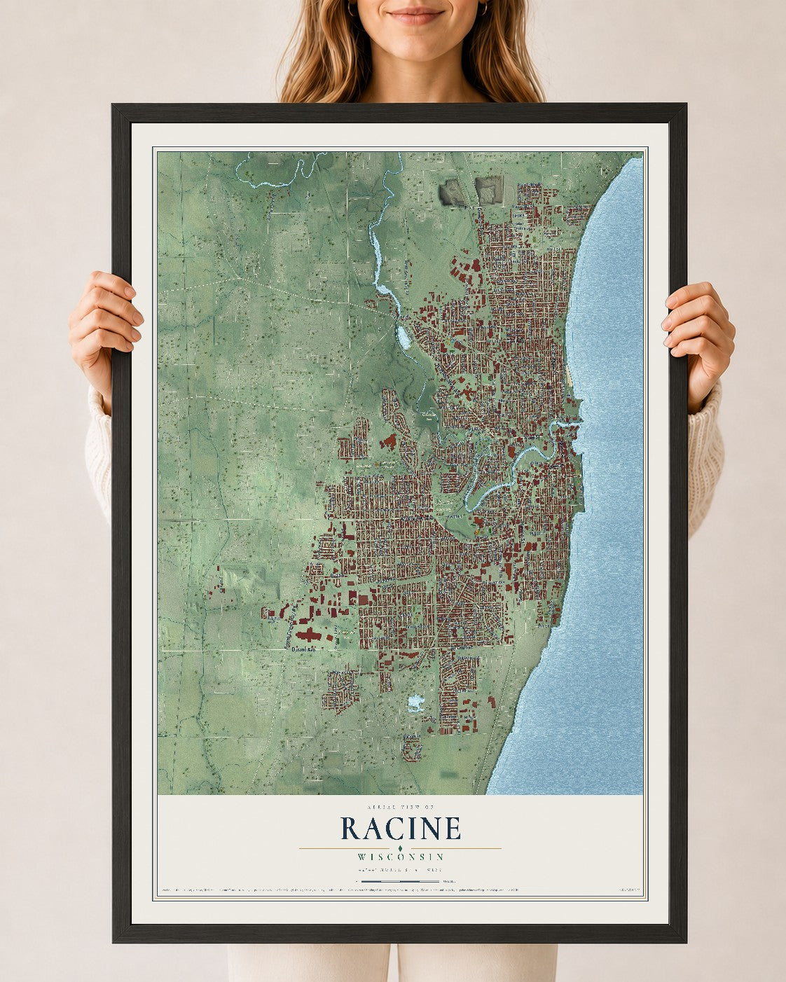 Map of Racine, Wisconsin, 24 x 36 inch print in a black wood frame